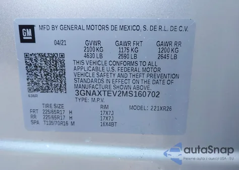 2021 Chevrolet Equinox Awd 2Fl z USA, uszkodzony, nr VIN 3GNAXTEV2MS160702